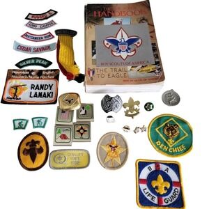 Lot Of Vintage Boy Scout Patches Pins And Book from  1990's Appx. 27 Items.